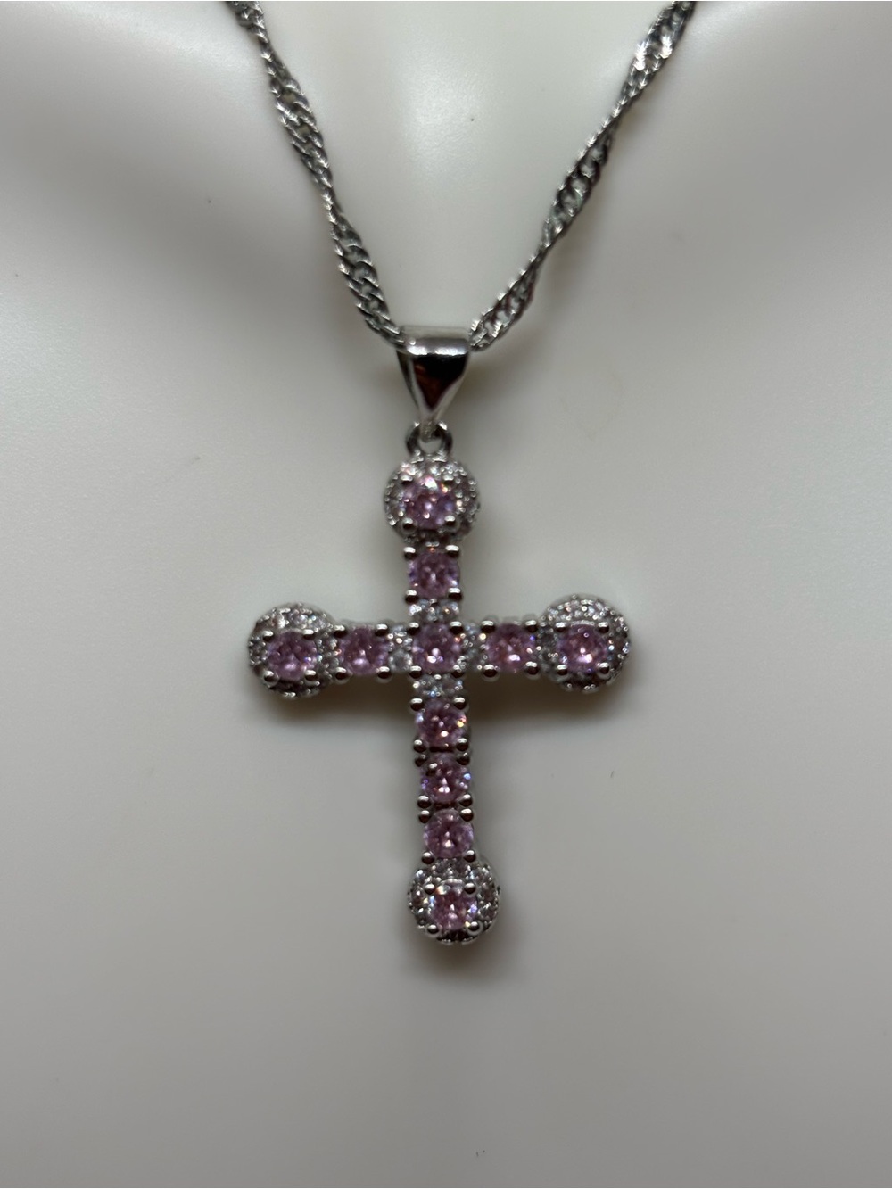 925 sterling silver Cross Pendant Necklace with Pink and clear Gemstones